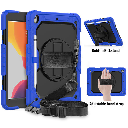 For iPad 10.2 (2020)/(2019) 360° Swivel Kickstand PC + Silicone Tablet Case Hand Strap Protective Cover with Shoulder Strap