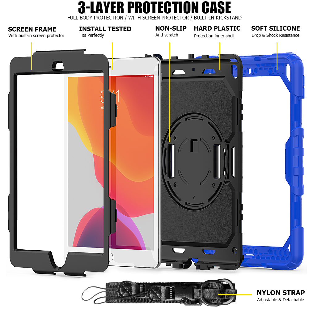 For iPad 10.2 (2020)/(2019) 360Â° Swivel Kickstand PC + Silicone Tablet Case Hand Strap Protective Cover with Shoulder Strap