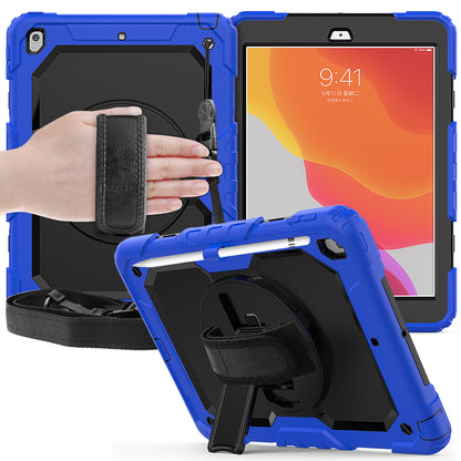 For iPad 10.2 (2020)/(2019) 360Â° Swivel Kickstand PC + Silicone Tablet Case Hand Strap Protective Cover with Shoulder Strap