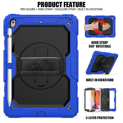 For iPad 10.2 (2020)/(2019) 360Â° Swivel Kickstand PC + Silicone Tablet Case Hand Strap Protective Cover with Shoulder Strap