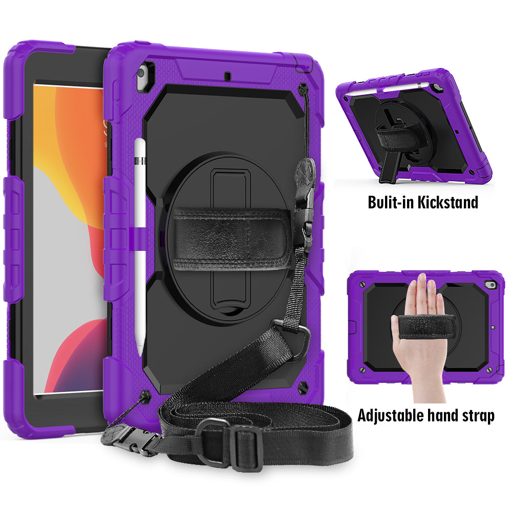 For iPad 10.2 (2020)/(2019) 360° Swivel Kickstand PC + Silicone Tablet Case Hand Strap Protective Cover with Shoulder Strap