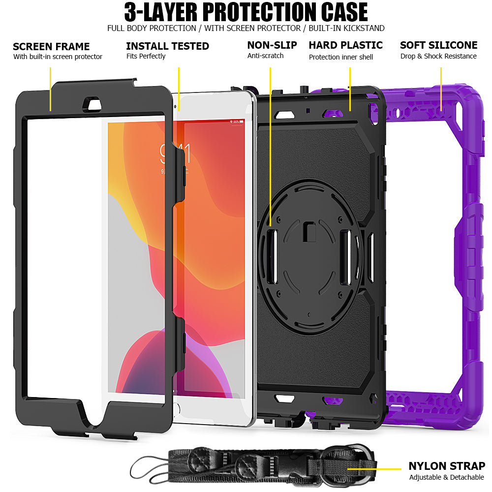 For iPad 10.2 (2020)/(2019) 360Â° Swivel Kickstand PC + Silicone Tablet Case Hand Strap Protective Cover with Shoulder Strap