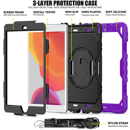 For iPad 10.2 (2020)/(2019) 360Â° Swivel Kickstand PC + Silicone Tablet Case Hand Strap Protective Cover with Shoulder Strap