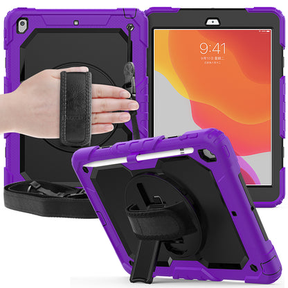 For iPad 10.2 (2020)/(2019) 360Â° Swivel Kickstand PC + Silicone Tablet Case Hand Strap Protective Cover with Shoulder Strap
