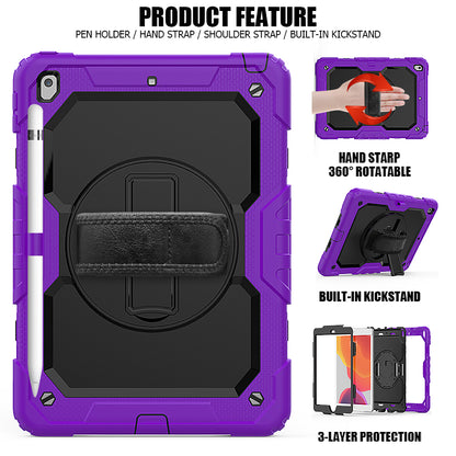For iPad 10.2 (2020)/(2019) 360Â° Swivel Kickstand PC + Silicone Tablet Case Hand Strap Protective Cover with Shoulder Strap