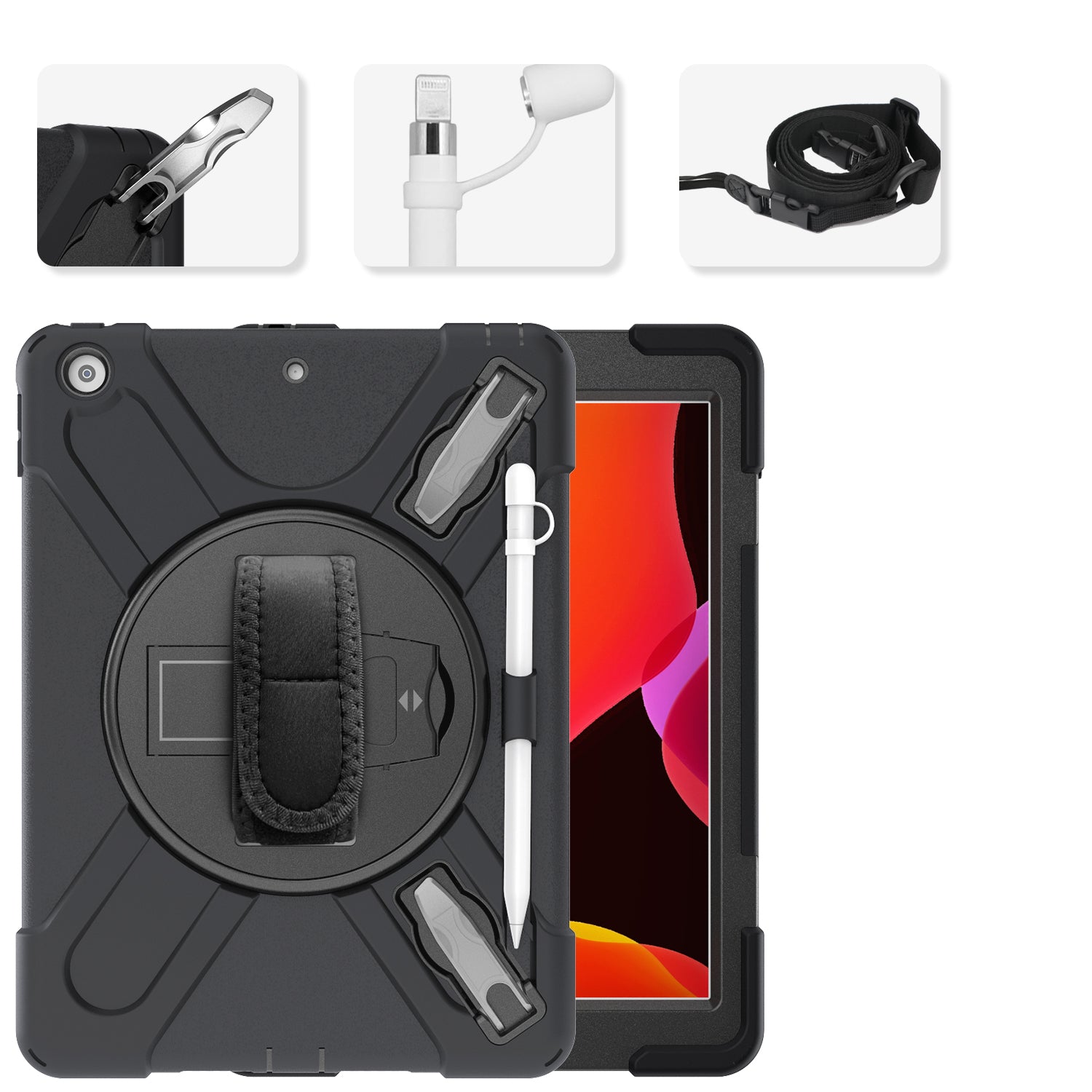 X-Shape PC + TPU Hybrid Case / Two Types Kickstand / Hand Strap and Shoulder Strap / Pen Slot for iPad 10.2 (2021)/(2020)/(2019)