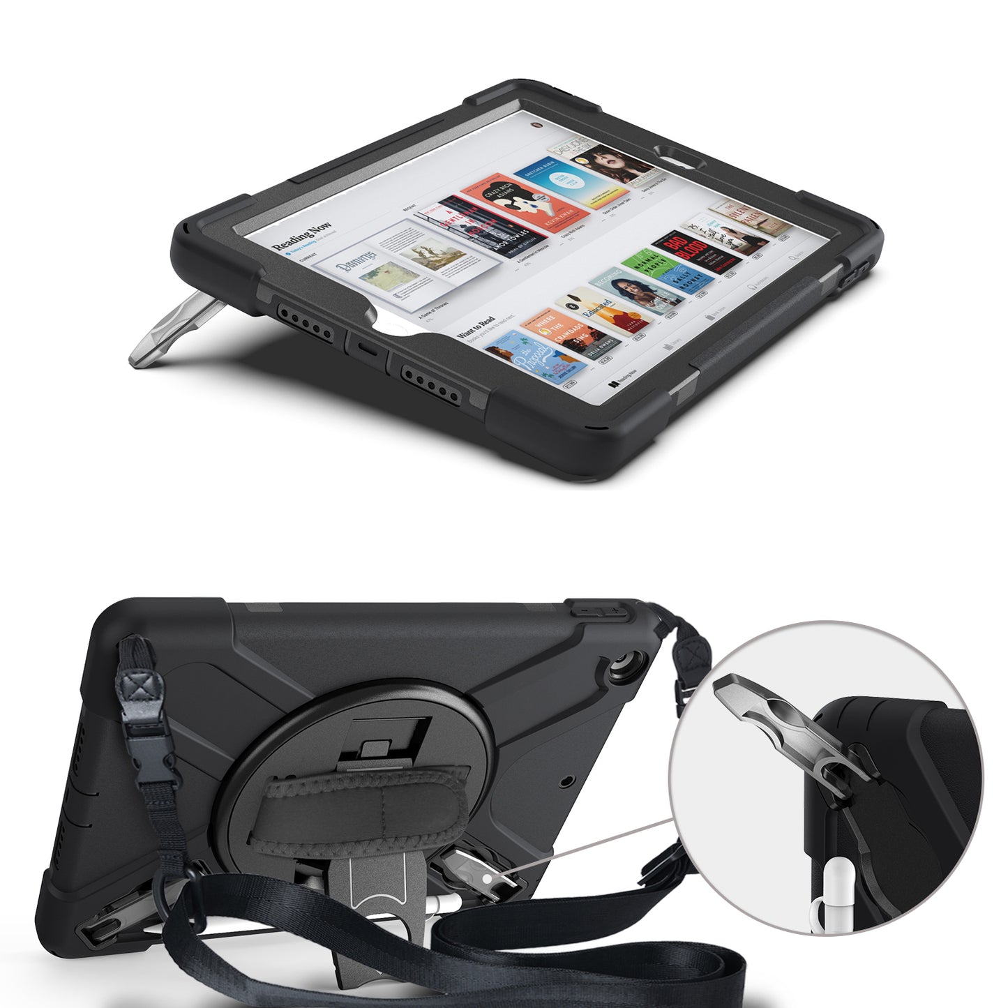 X-Shape PC + TPU Hybrid Case / Two Types Kickstand / Hand Strap and Shoulder Strap / Pen Slot for iPad 10.2 (2021)/(2020)/(2019)
