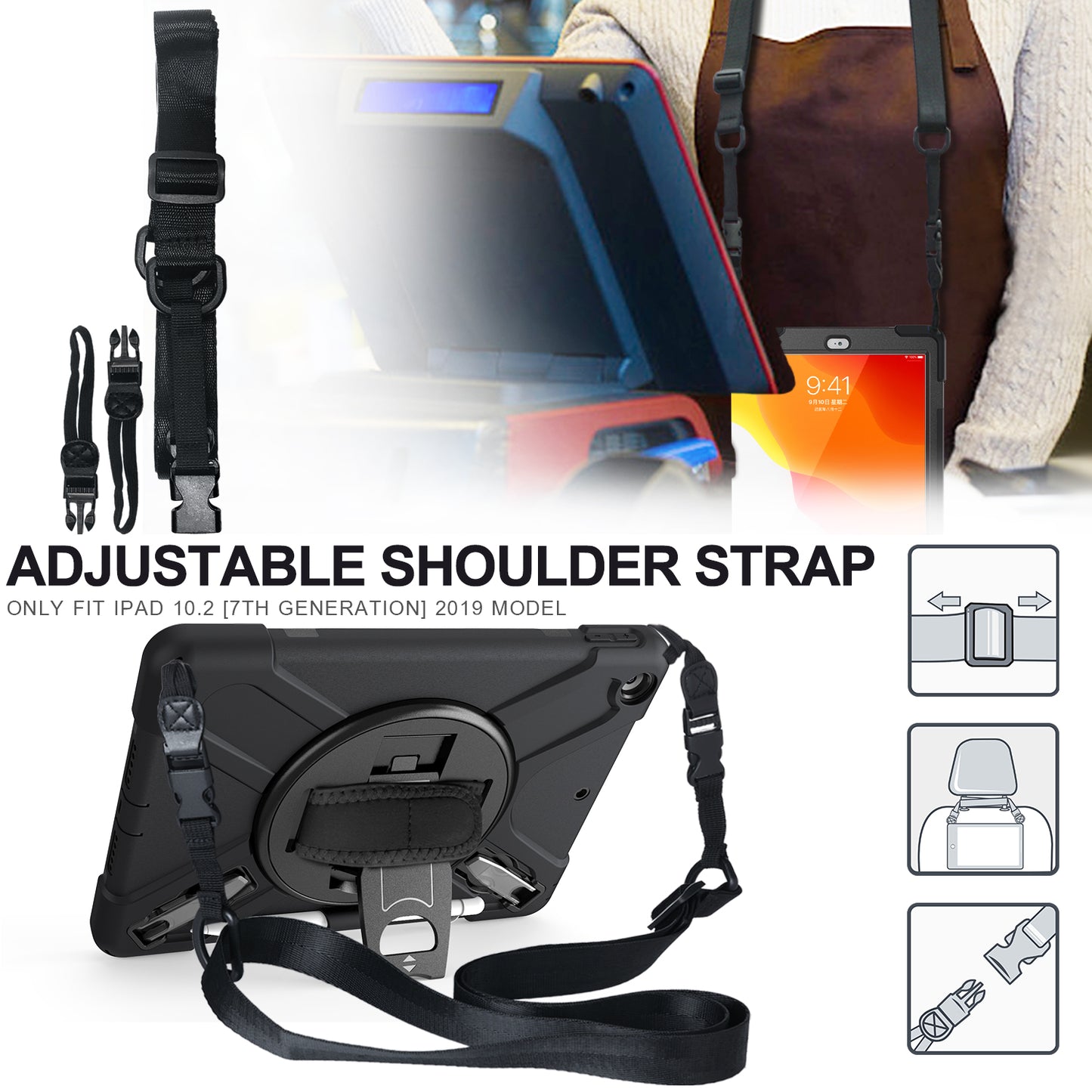 X-Shape PC + TPU Hybrid Case / Two Types Kickstand / Hand Strap and Shoulder Strap / Pen Slot for iPad 10.2 (2021)/(2020)/(2019)