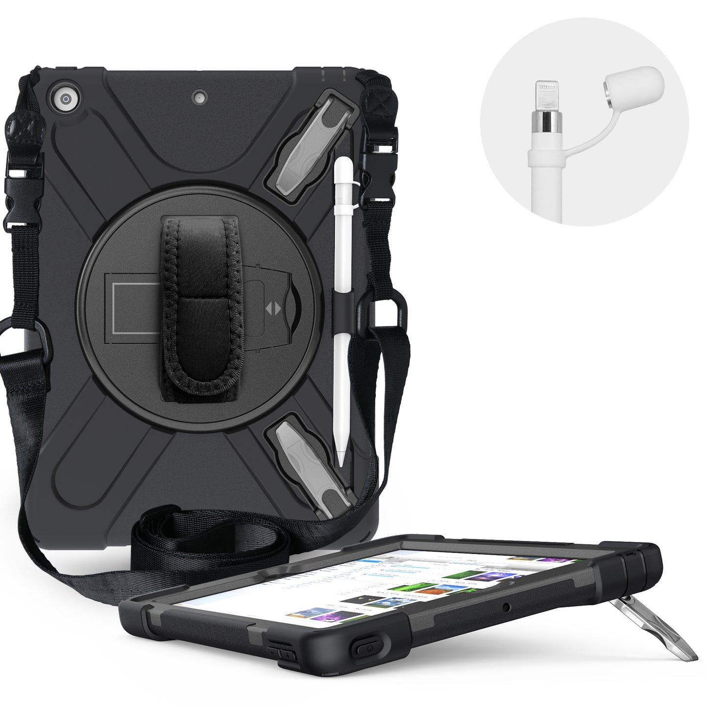 X-Shape PC + TPU Hybrid Case / Two Types Kickstand / Hand Strap and Shoulder Strap / Pen Slot for iPad 10.2 (2021)/(2020)/(2019)