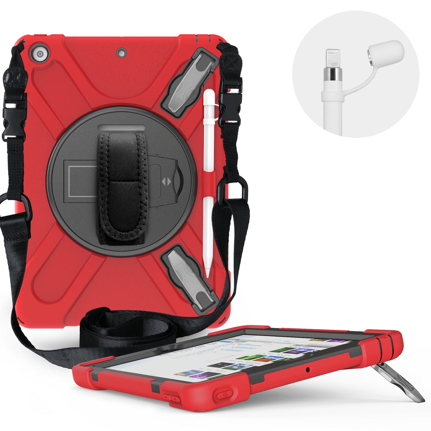 X-Shape PC + TPU Hybrid Case / Two Types Kickstand / Hand Strap and Shoulder Strap / Pen Slot for iPad 10.2 (2021)/(2020)/(2019)
