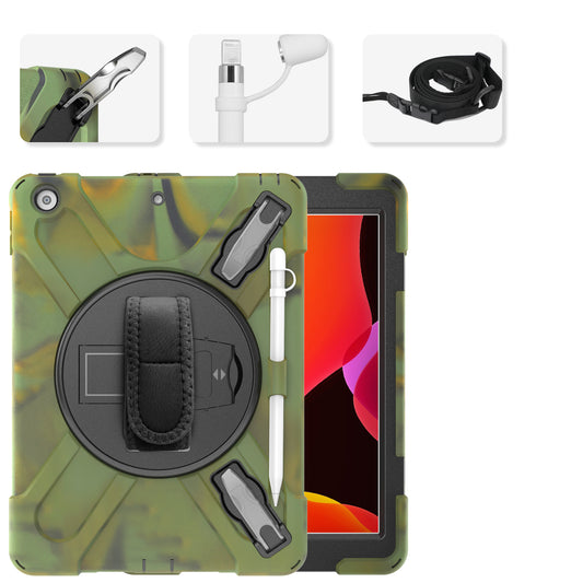 X-Shape PC + TPU Hybrid Case / Two Types Kickstand / Hand Strap and Shoulder Strap / Pen Slot for iPad 10.2 (2021)/(2020)/(2019)