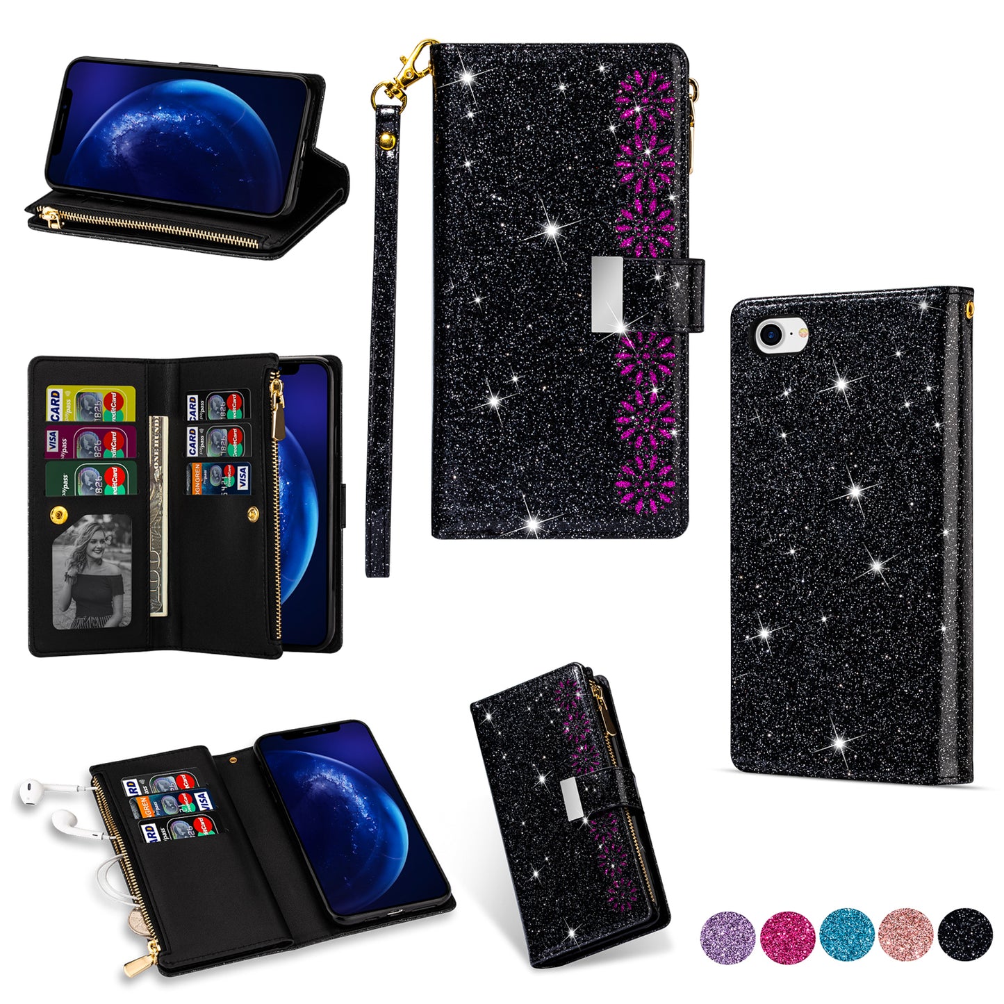Glittery Starry Style Laser Carving Zipper Wallet Stand Leather Phone Shell for iPhone SE (2020)/SE (2022)/8/7