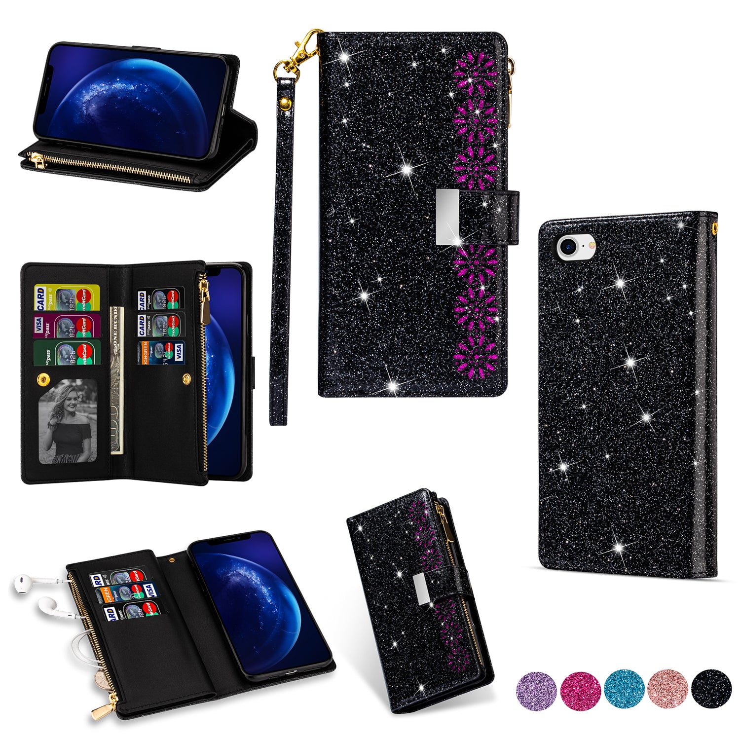 Glittery Starry Style Laser Carving Zipper Wallet Stand Leather Phone Shell for iPhone SE (2020)/SE (2022)/8/7