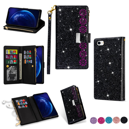 Glittery Starry Style Laser Carving Zipper Wallet Stand Leather Phone Shell for iPhone SE (2020)/SE (2022)/8/7