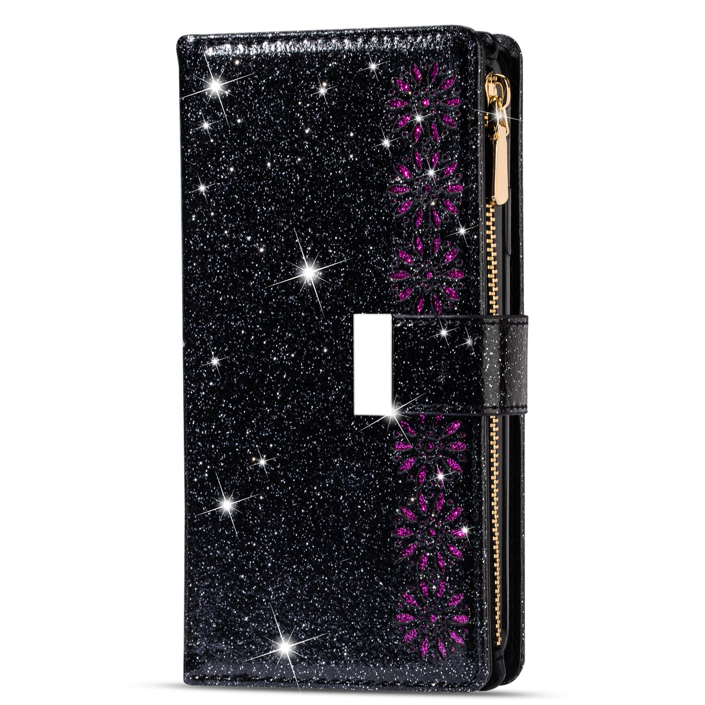 Glittery Starry Style Laser Carving Zipper Wallet Stand Leather Phone Shell for iPhone SE (2020)/SE (2022)/8/7