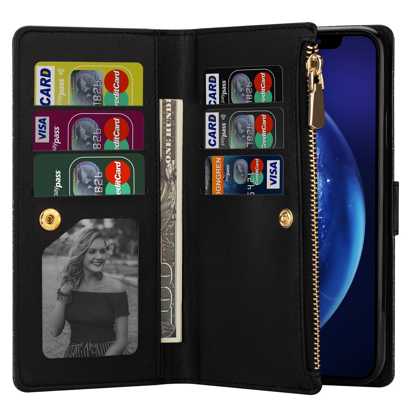 Glittery Starry Style Laser Carving Zipper Wallet Stand Leather Phone Shell for iPhone SE (2020)/SE (2022)/8/7