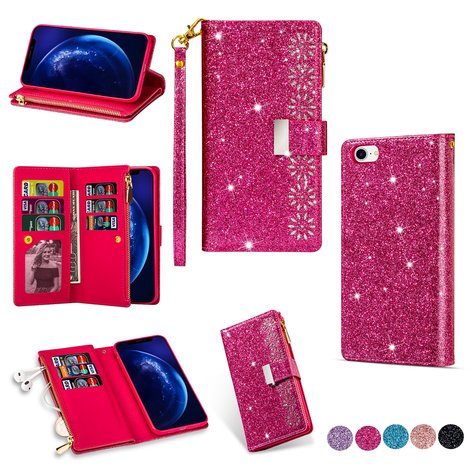 Glittery Starry Style Laser Carving Zipper Wallet Stand Leather Phone Shell for iPhone SE (2020)/SE (2022)/8/7