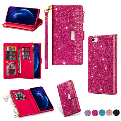 Glittery Starry Style Laser Carving Zipper Wallet Stand Leather Phone Shell for iPhone SE (2020)/SE (2022)/8/7