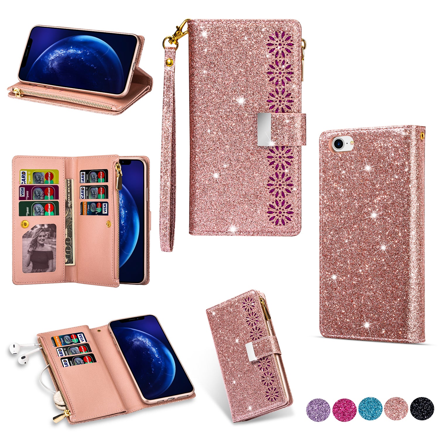 Glittery Starry Style Laser Carving Zipper Wallet Stand Leather Phone Shell for iPhone SE (2020)/SE (2022)/8/7