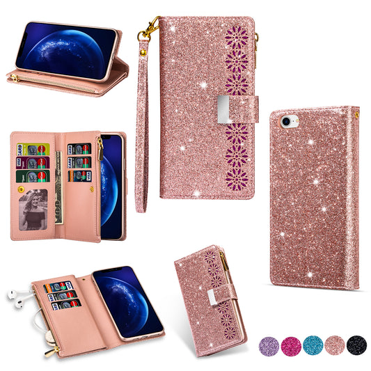 Glittery Starry Style Laser Carving Zipper Wallet Stand Leather Phone Shell for iPhone SE (2020)/SE (2022)/8/7