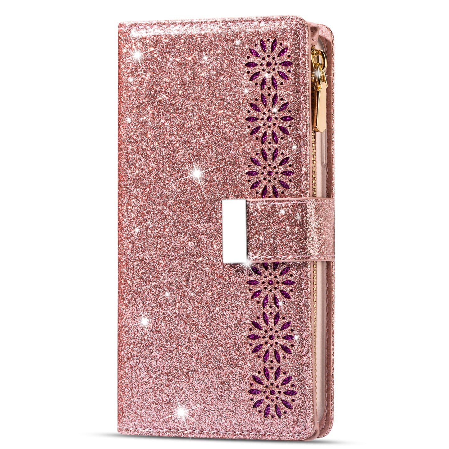 Glittery Starry Style Laser Carving Zipper Wallet Stand Leather Phone Shell for iPhone SE (2020)/SE (2022)/8/7