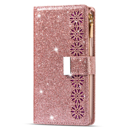 Glittery Starry Style Laser Carving Zipper Wallet Stand Leather Phone Shell for iPhone SE (2020)/SE (2022)/8/7