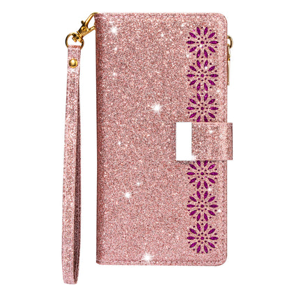 Glittery Starry Style Laser Carving Zipper Wallet Stand Leather Phone Shell for iPhone SE (2020)/SE (2022)/8/7