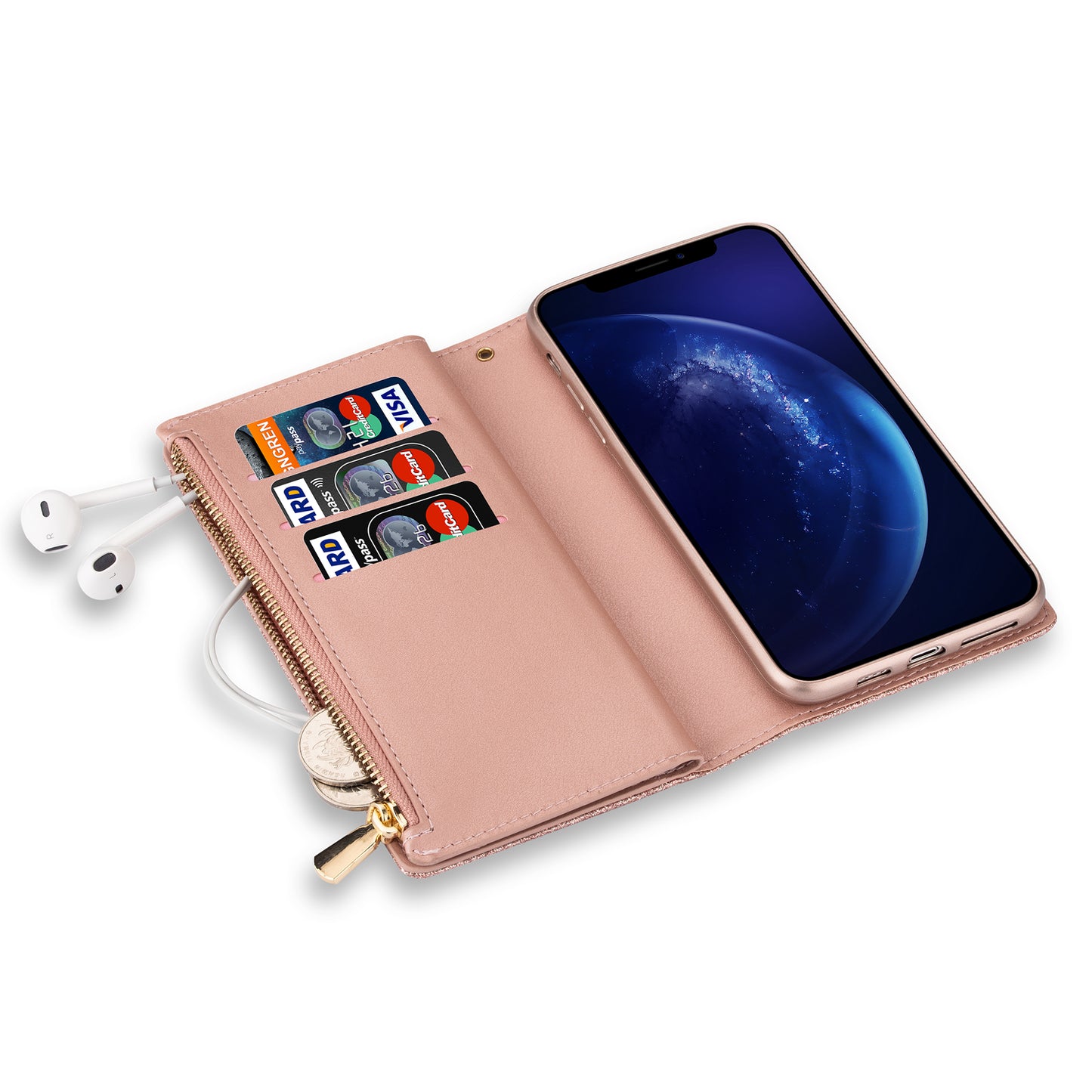 Glittery Starry Style Laser Carving Zipper Wallet Stand Leather Phone Shell for iPhone SE (2020)/SE (2022)/8/7