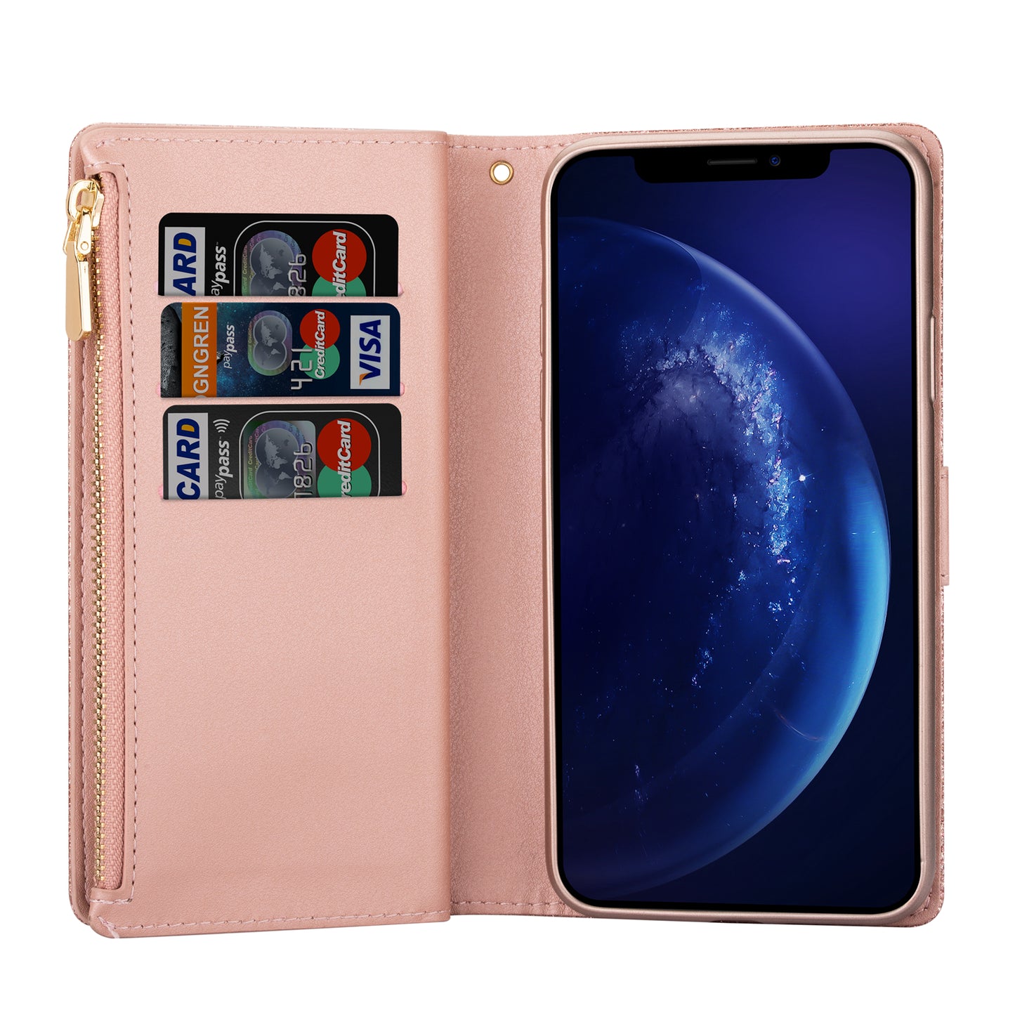 Glittery Starry Style Laser Carving Zipper Wallet Stand Leather Phone Shell for iPhone SE (2020)/SE (2022)/8/7