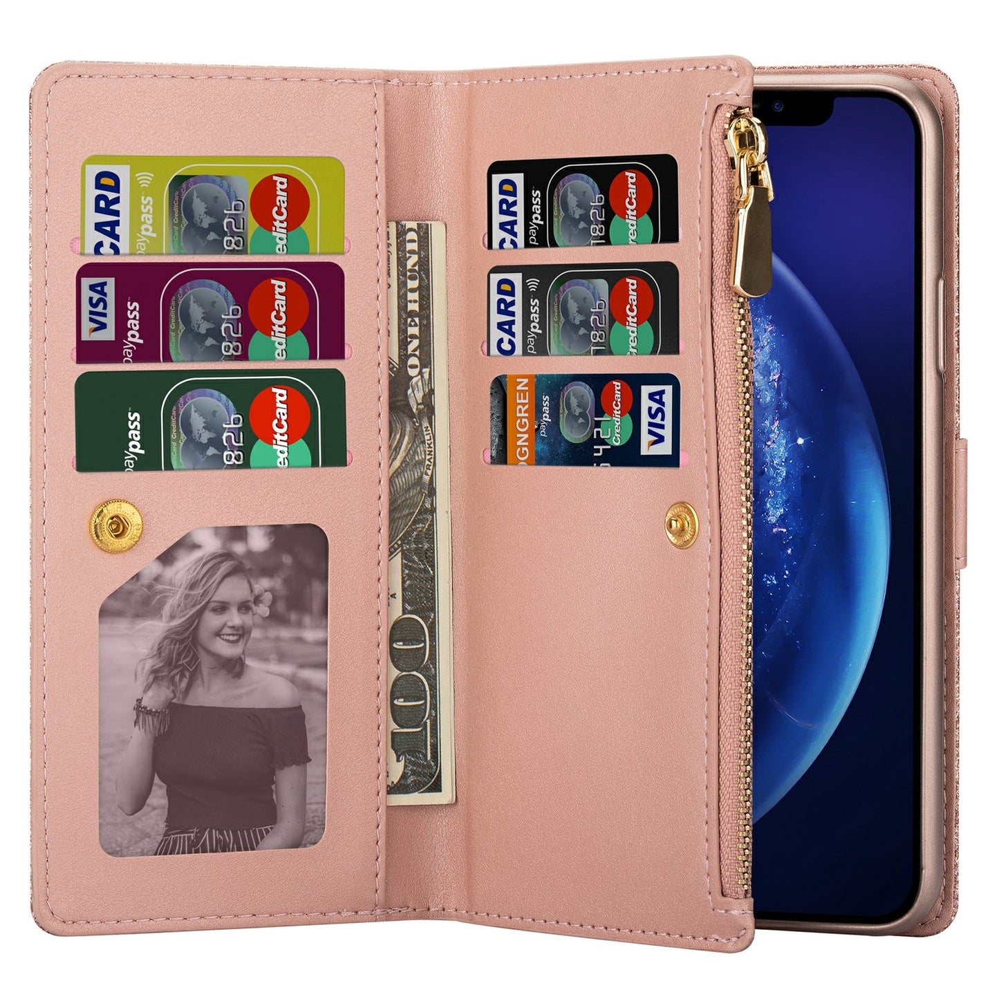 Glittery Starry Style Laser Carving Zipper Wallet Stand Leather Phone Shell for iPhone SE (2020)/SE (2022)/8/7
