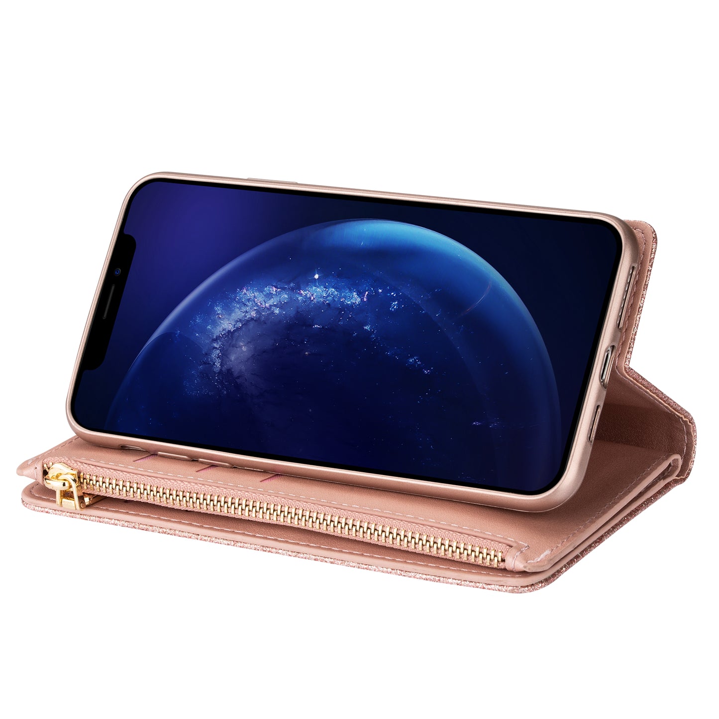 Glittery Starry Style Laser Carving Zipper Wallet Stand Leather Phone Shell for iPhone SE (2020)/SE (2022)/8/7
