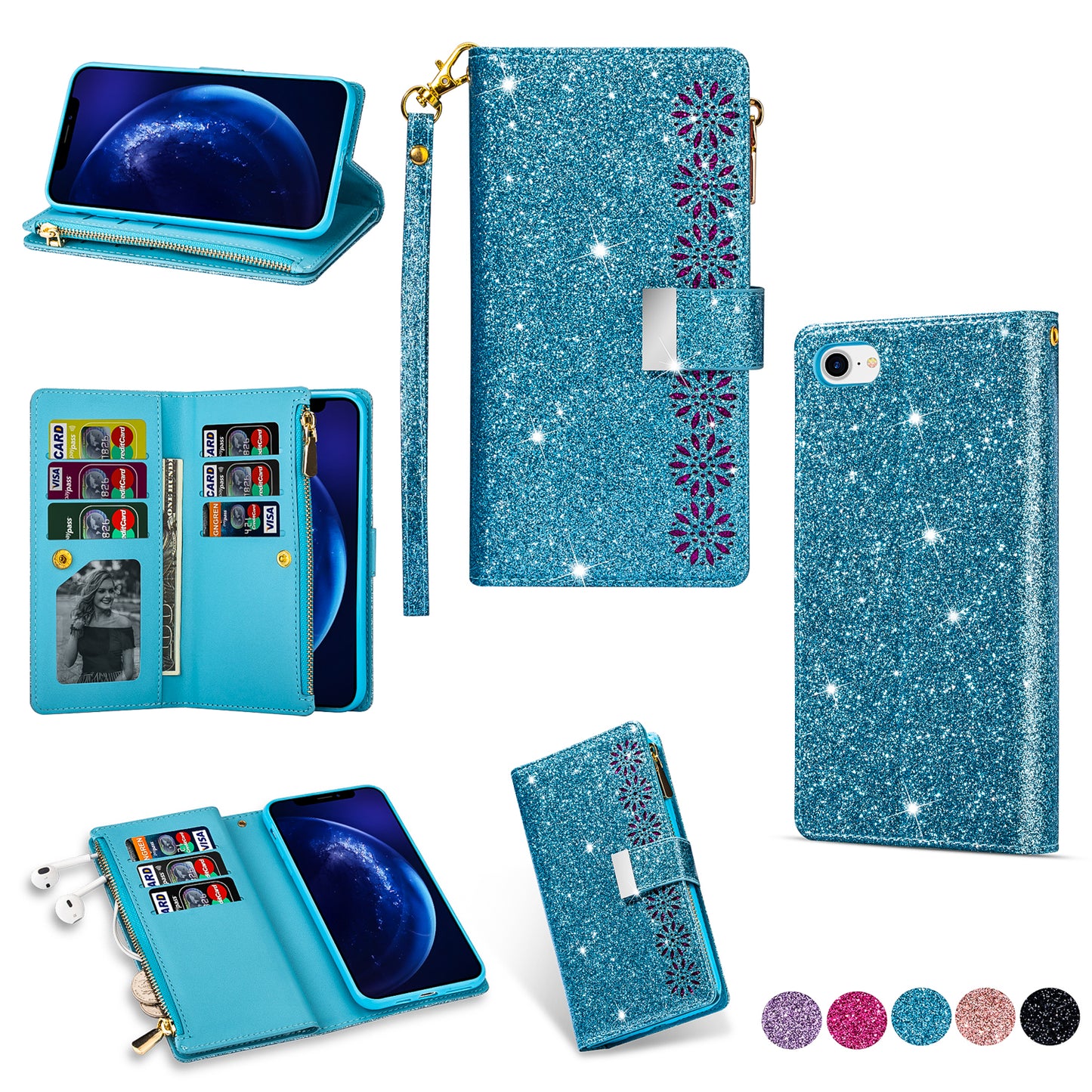 Glittery Starry Style Laser Carving Zipper Wallet Stand Leather Phone Shell for iPhone SE (2020)/SE (2022)/8/7