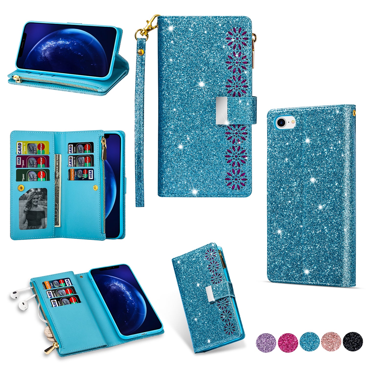 Glittery Starry Style Laser Carving Zipper Wallet Stand Leather Phone Shell for iPhone SE (2020)/SE (2022)/8/7