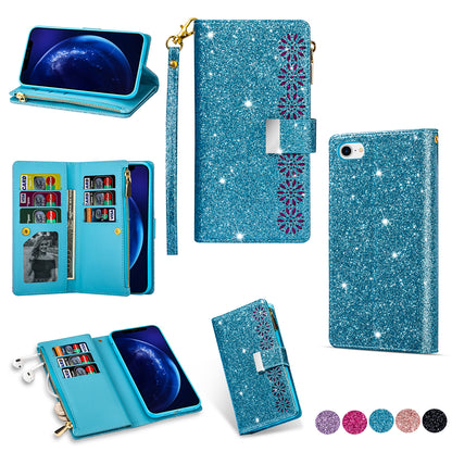 Glittery Starry Style Laser Carving Zipper Wallet Stand Leather Phone Shell for iPhone SE (2020)/SE (2022)/8/7