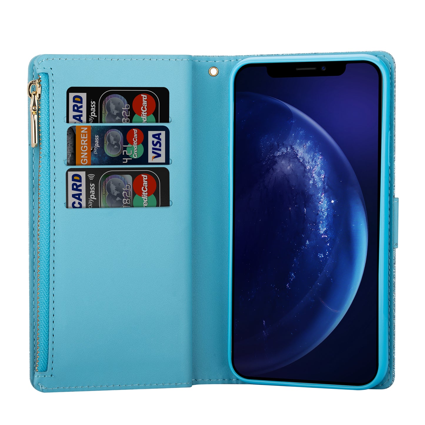 Glittery Starry Style Laser Carving Zipper Wallet Stand Leather Phone Shell for iPhone SE (2020)/SE (2022)/8/7