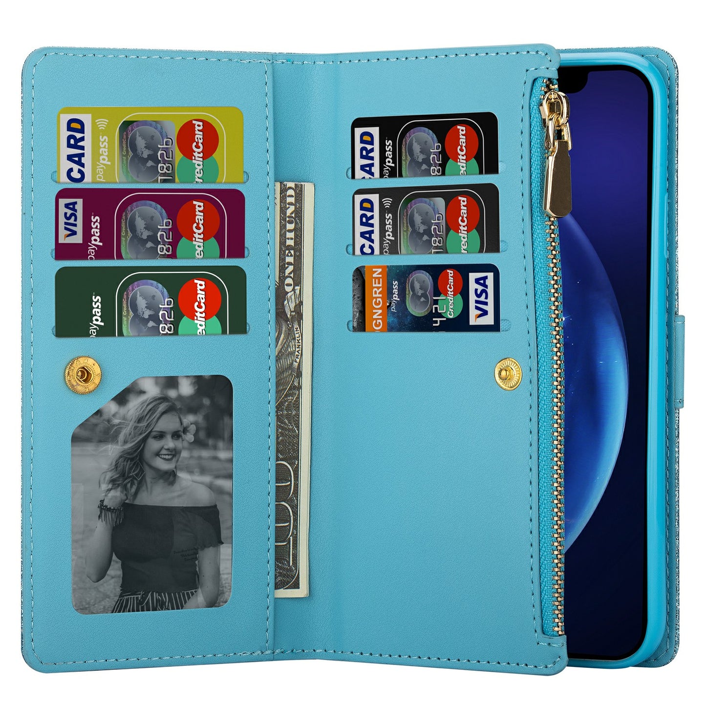 Glittery Starry Style Laser Carving Zipper Wallet Stand Leather Phone Shell for iPhone SE (2020)/SE (2022)/8/7