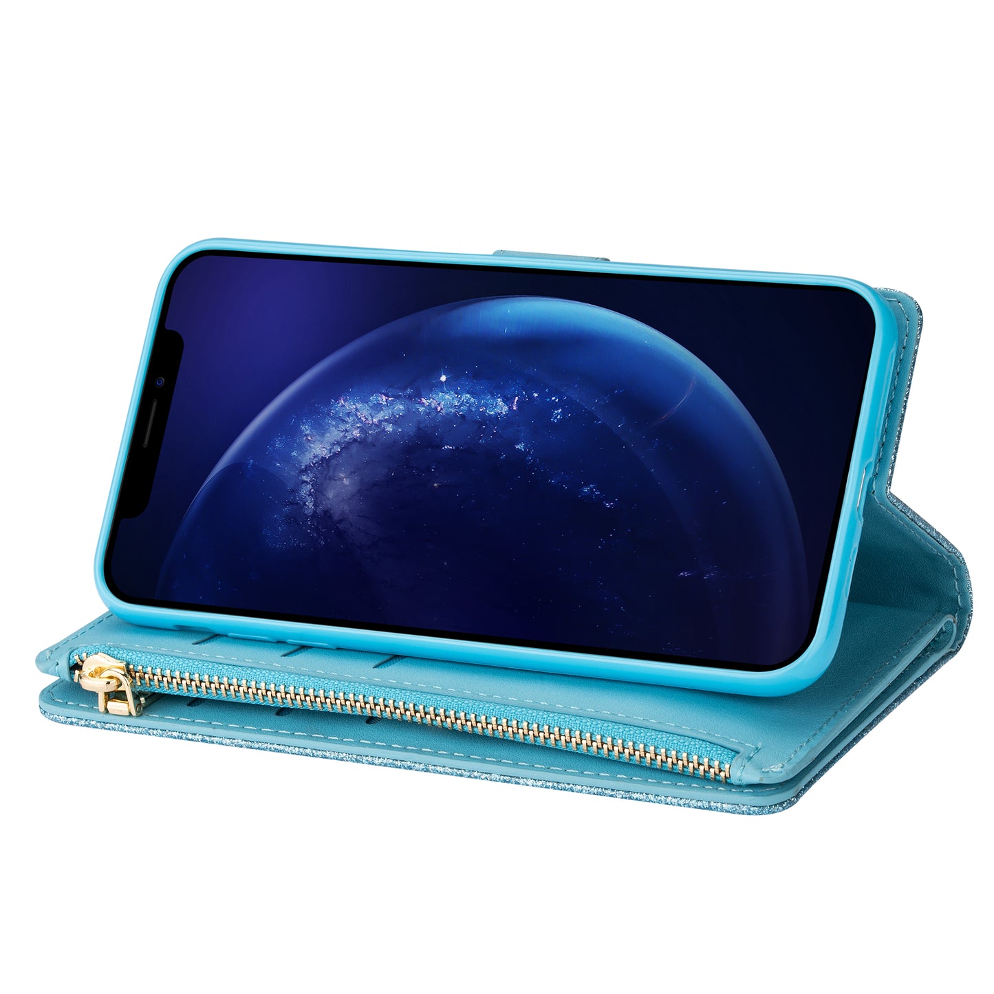 Glittery Starry Style Laser Carving Zipper Wallet Stand Leather Phone Shell for iPhone SE (2020)/SE (2022)/8/7