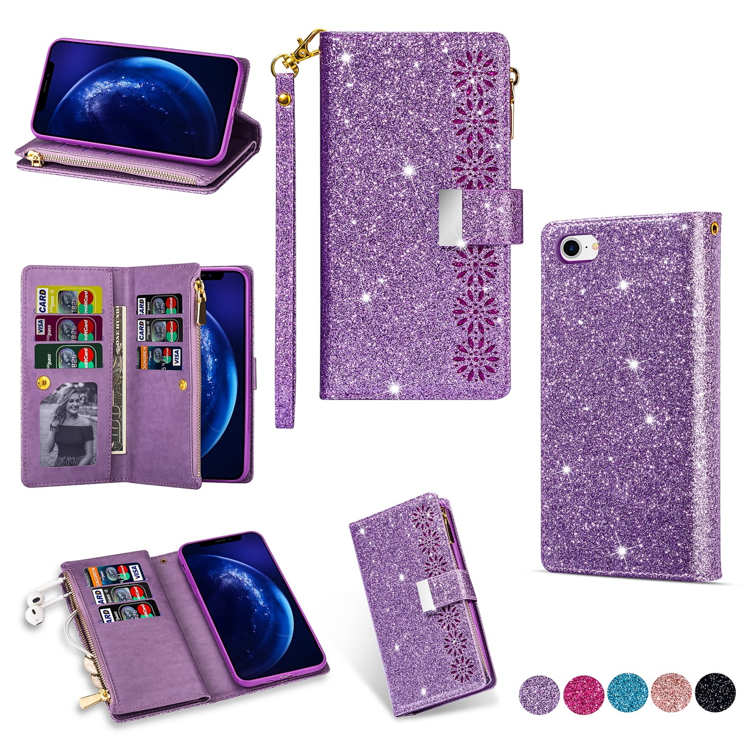 Glittery Starry Style Laser Carving Zipper Wallet Stand Leather Phone Shell for iPhone SE (2020)/SE (2022)/8/7