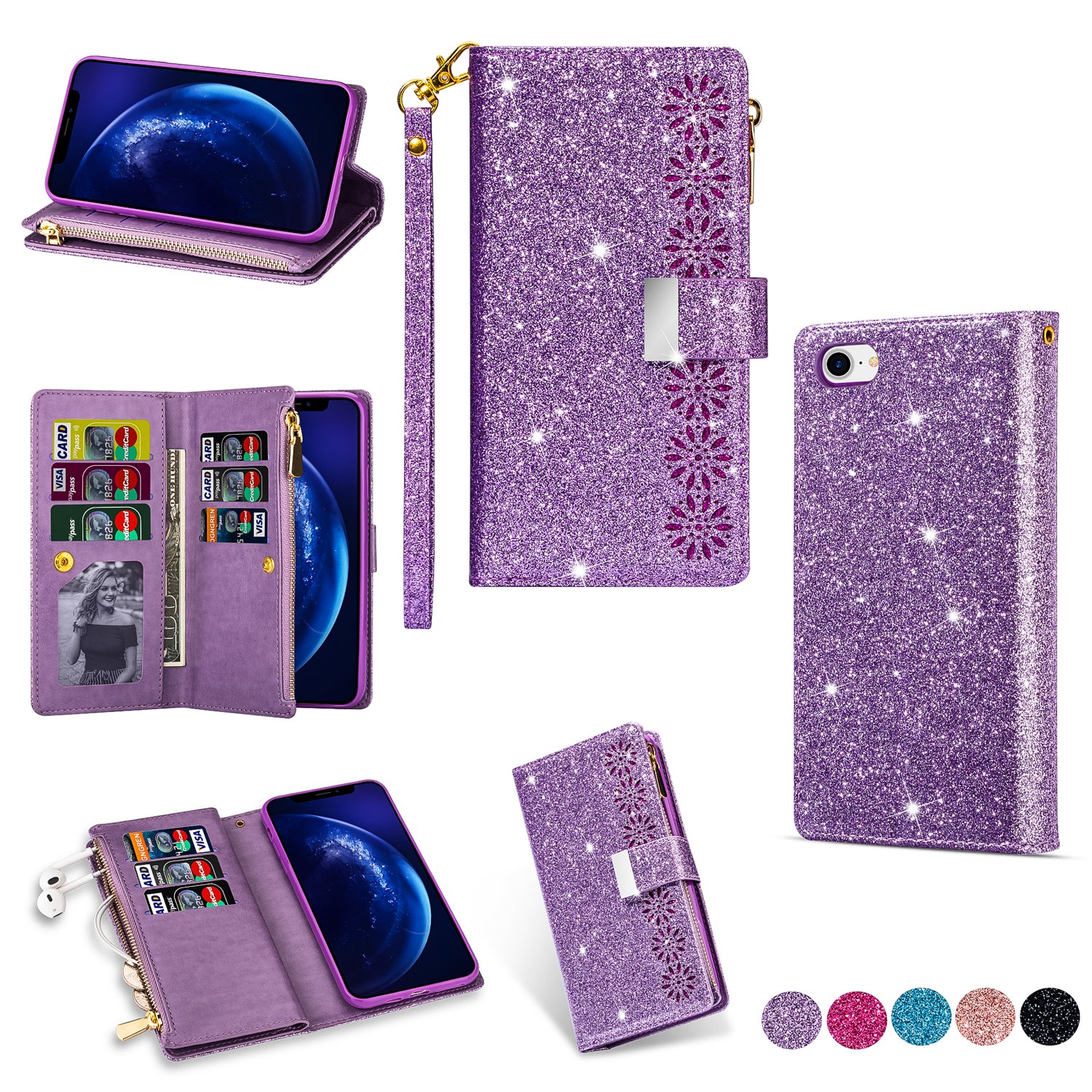 Glittery Starry Style Laser Carving Zipper Wallet Stand Leather Phone Shell for iPhone SE (2020)/SE (2022)/8/7