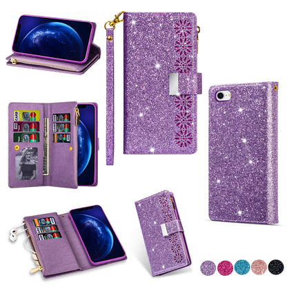 Glittery Starry Style Laser Carving Zipper Wallet Stand Leather Phone Shell for iPhone SE (2020)/SE (2022)/8/7