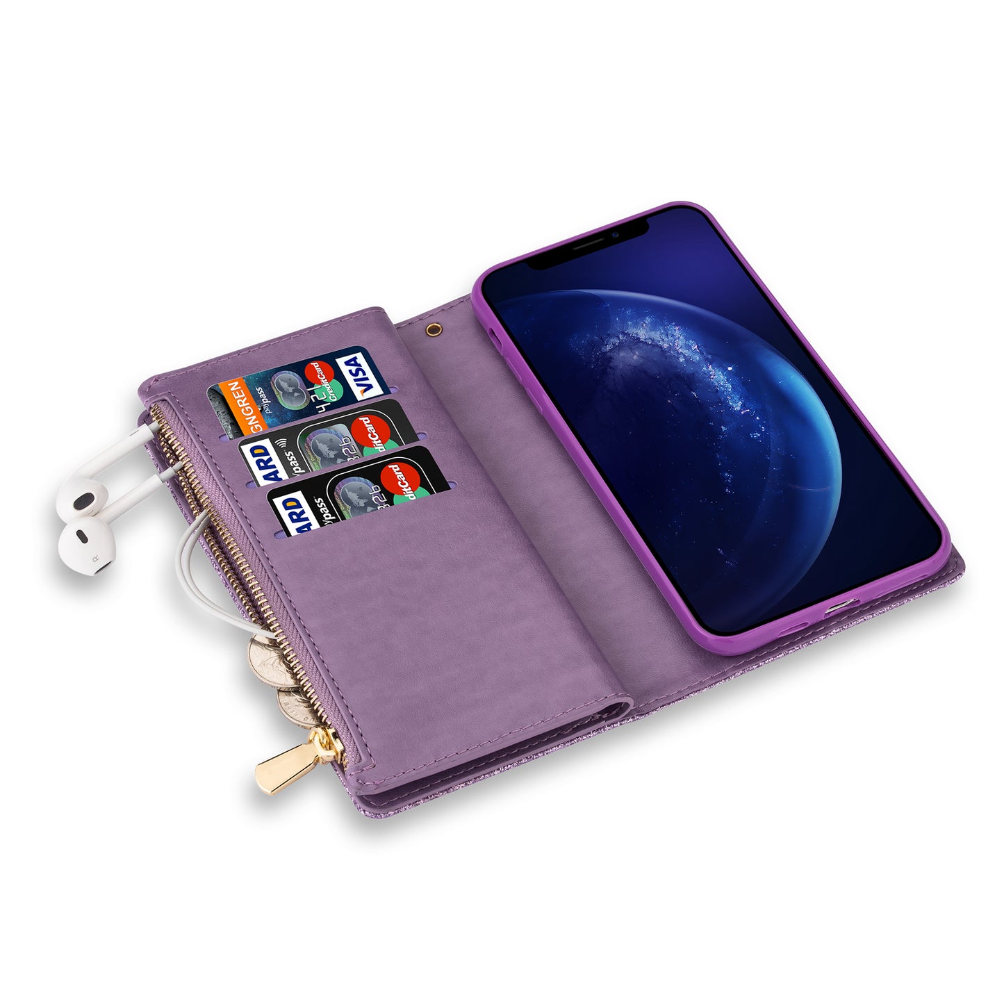 Glittery Starry Style Laser Carving Zipper Wallet Stand Leather Phone Shell for iPhone SE (2020)/SE (2022)/8/7