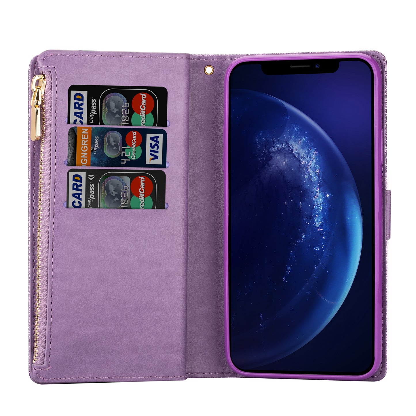 Glittery Starry Style Laser Carving Zipper Wallet Stand Leather Phone Shell for iPhone SE (2020)/SE (2022)/8/7