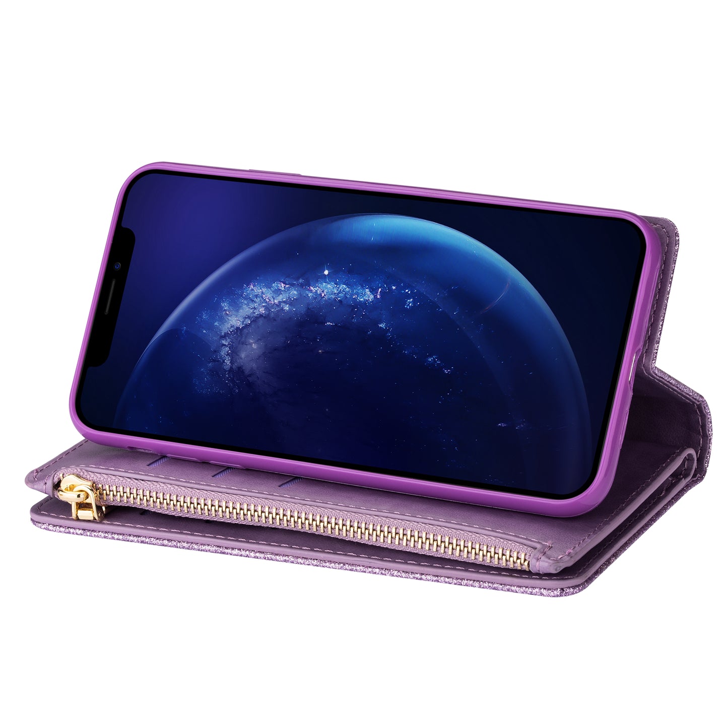 Glittery Starry Style Laser Carving Zipper Wallet Stand Leather Phone Shell for iPhone SE (2020)/SE (2022)/8/7