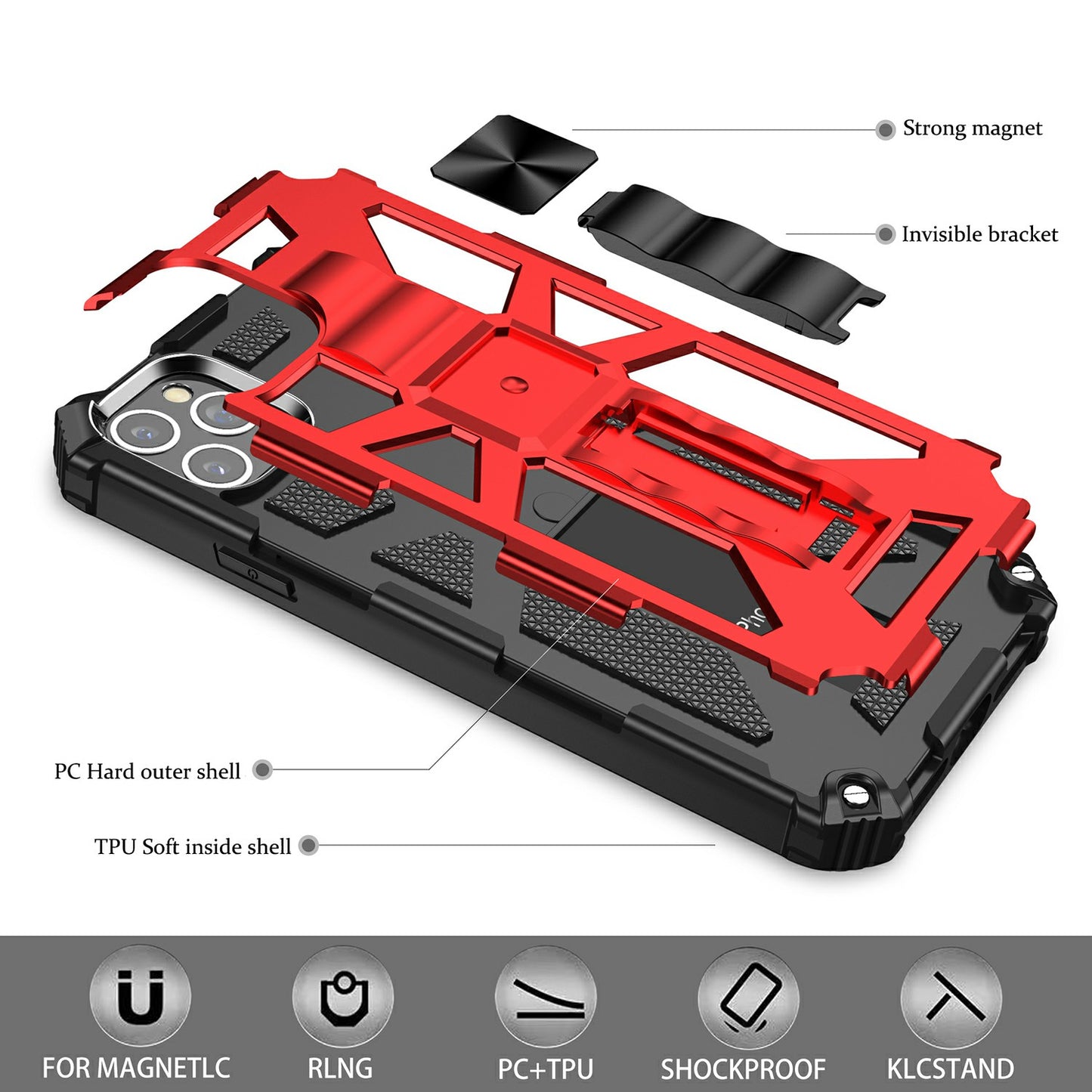 Kickstand Armor Dropproof PC TPU Hybrid Case with Magnetic Metal Sheet for iPhone XS Max 6.5-inch