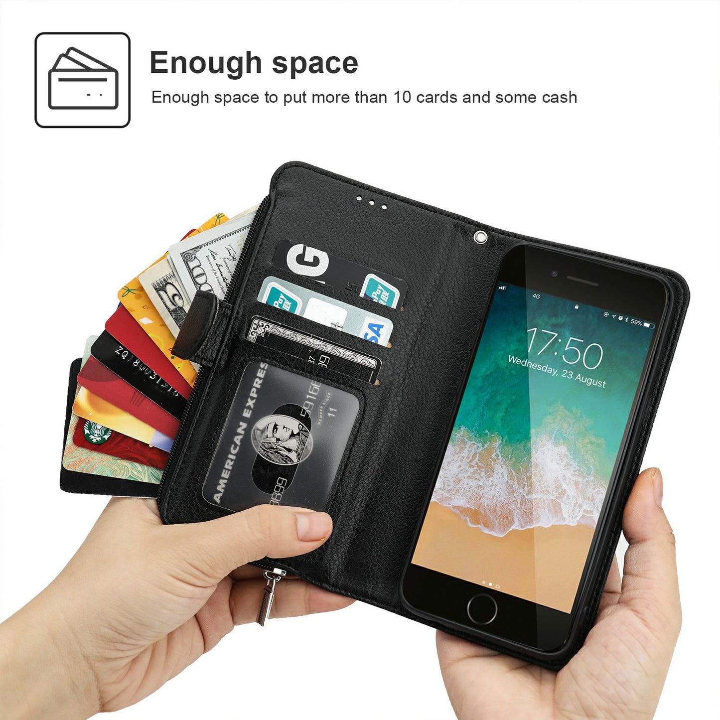 Microfiber Leather Zipper Wallet Case for Apple iPhone 7/8/SE (2020)/SE (2022)