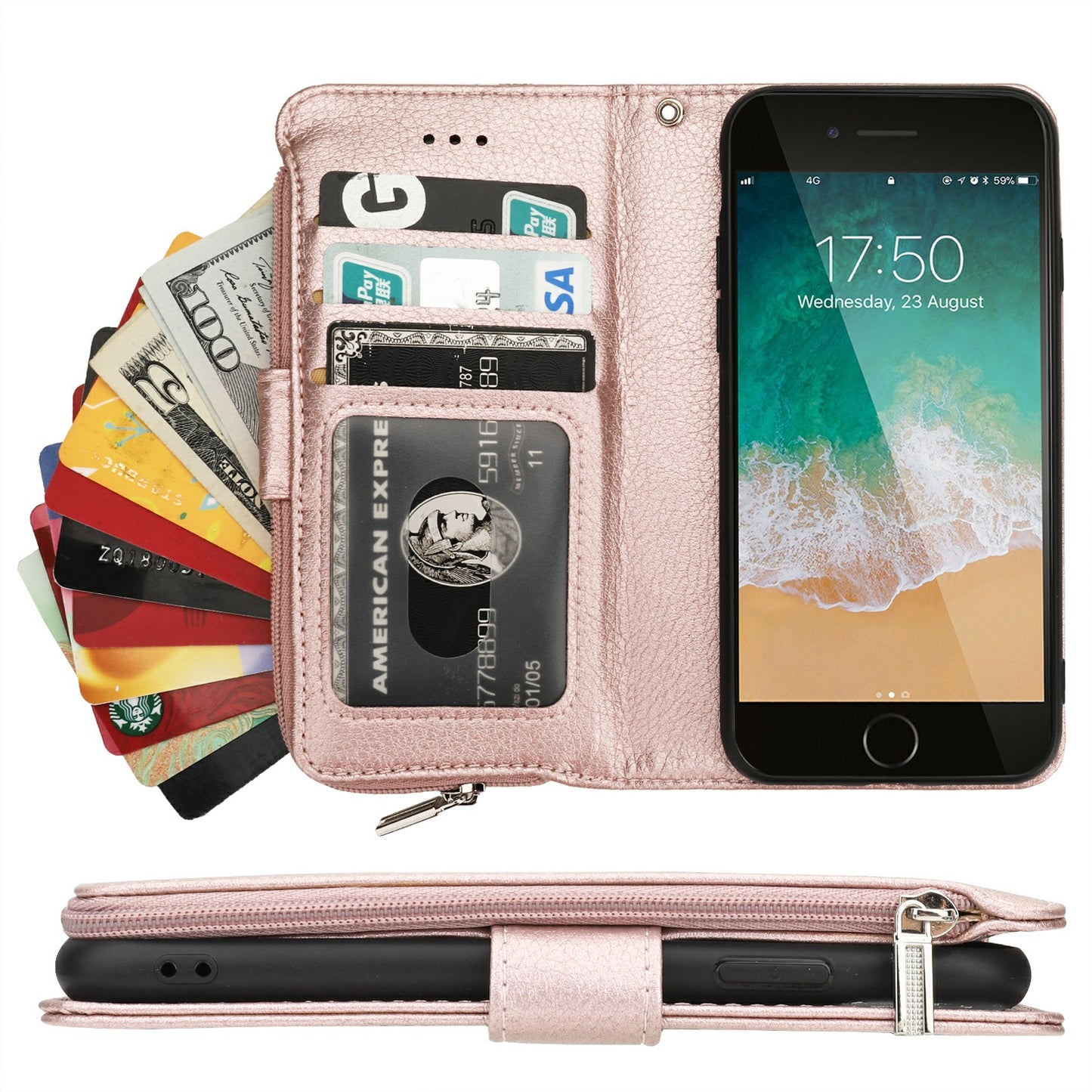 Microfiber Leather Zipper Wallet Case for Apple iPhone 7/8/SE (2020)/SE (2022)