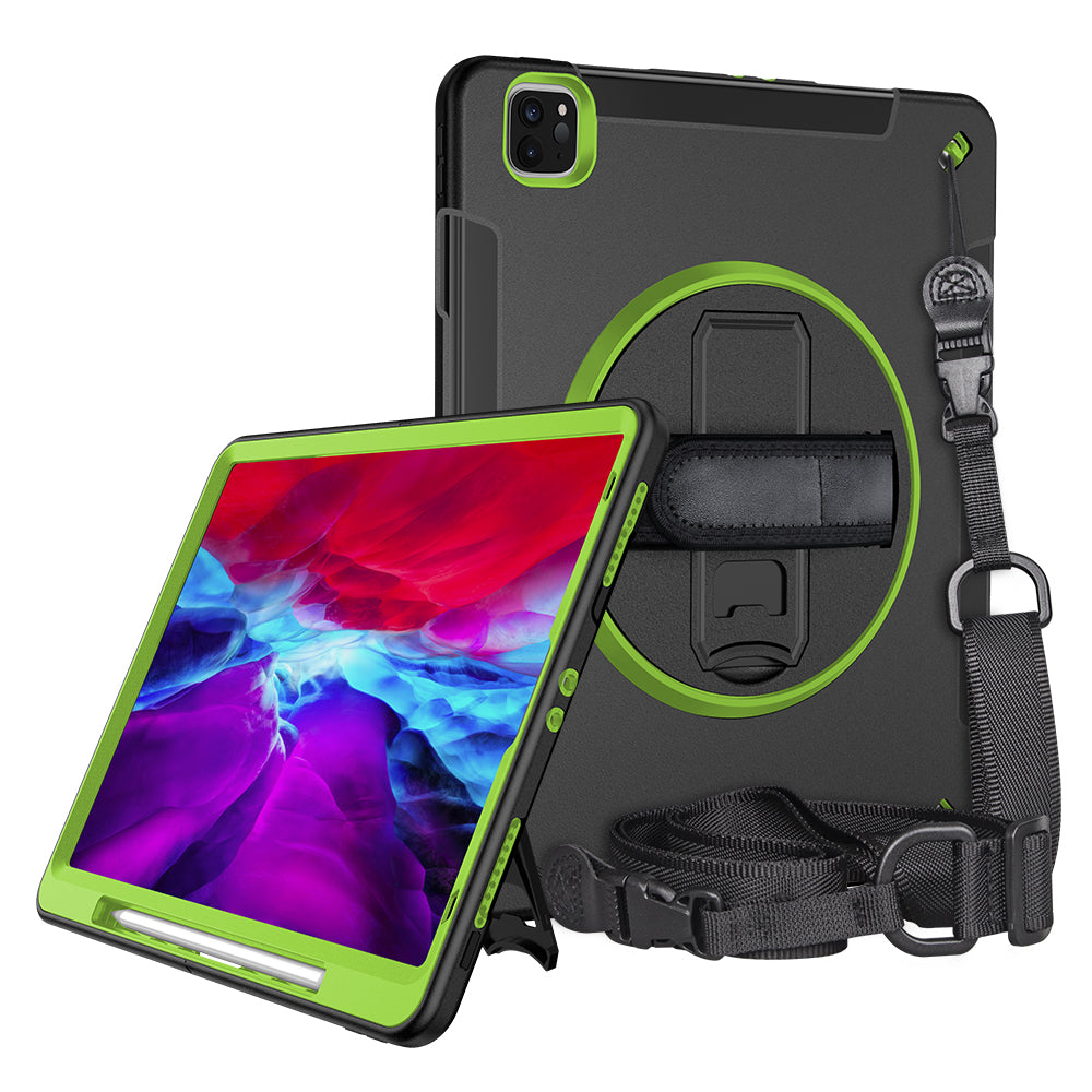 For iPad Pro 12.9-inch (2021)/(2020)/(2018) 360 Degree Swivel Handy Strap Kickstand PC + Silicone Tablet Case with Shoulder Strap