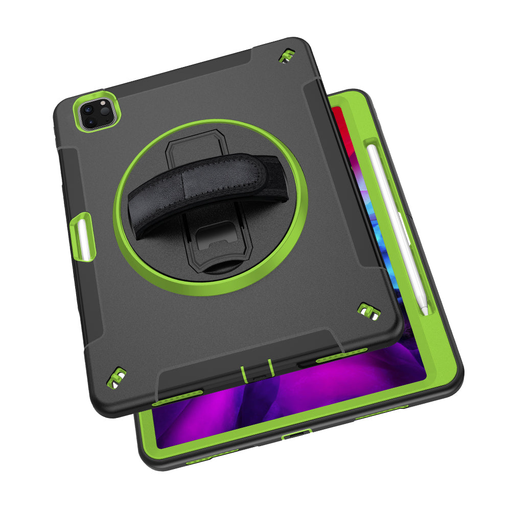 For iPad Pro 12.9-inch (2021)/(2020)/(2018) 360 Degree Swivel Handy Strap Kickstand PC + Silicone Tablet Case with Shoulder Strap