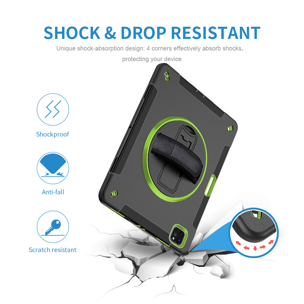 For iPad Pro 12.9-inch (2021)/(2020)/(2018) 360 Degree Swivel Handy Strap Kickstand PC + Silicone Tablet Case with Shoulder Strap