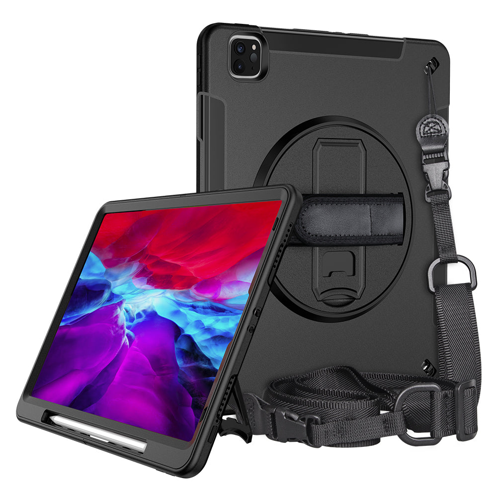 For iPad Pro 12.9-inch (2021)/(2020)/(2018) 360 Degree Swivel Handy Strap Kickstand PC + Silicone Tablet Case with Shoulder Strap